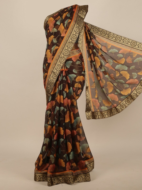 

Pothys Brown & Gold-Toned Floral Printed Zari Border Saree