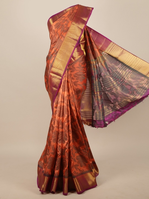 

Pothys Peach-Coloured & Gold-Toned Floral Zari Border Jute Silk Saree