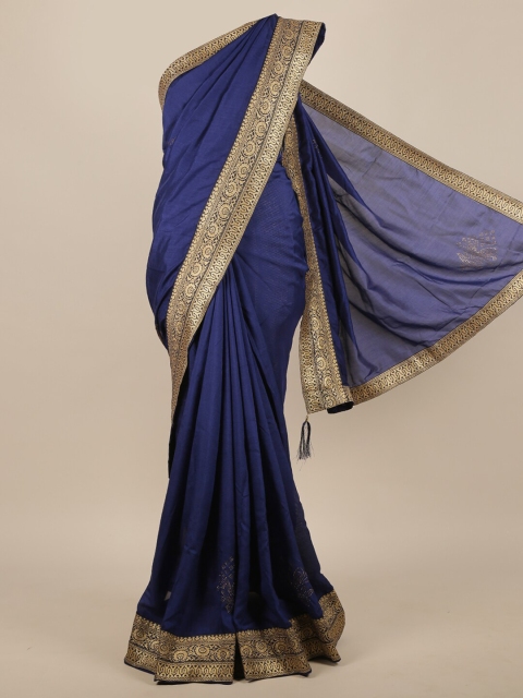 

Pothys Blue & Gold-Toned Embellished Beads and Stones Jute Silk Saree