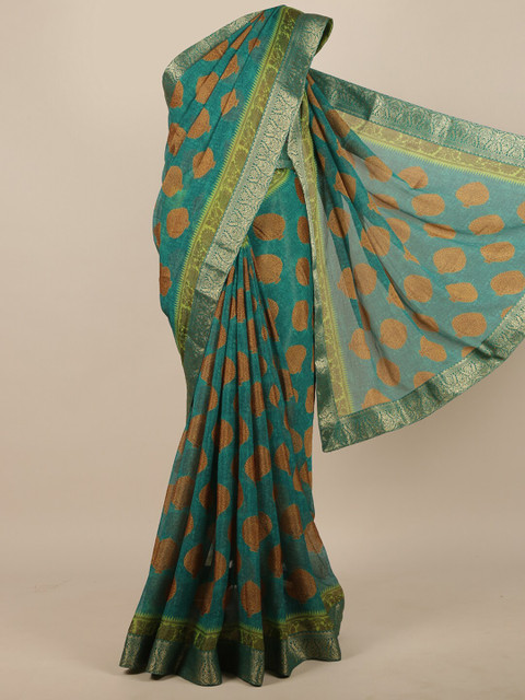 

Pothys Teal Green & Gold-Toned Ethnic Motifs Saree