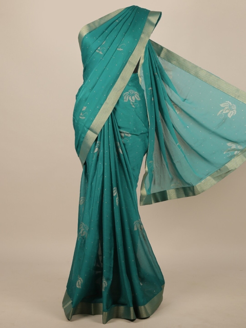 

Pothys Green & Gold-Toned Floral Beads and Stones Saree