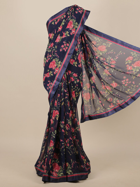 

Pothys Navy Blue & Pink Floral Printed Saree
