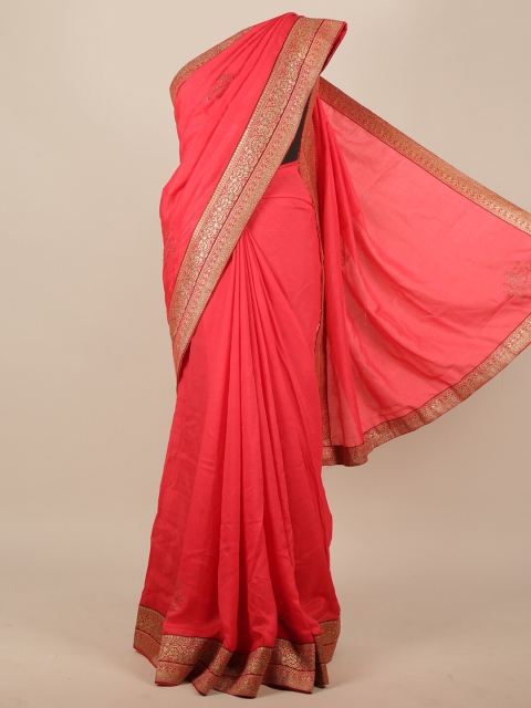 

Pothys Pink & Gold-Toned Embellished Beads & Stones Jute Silk Saree