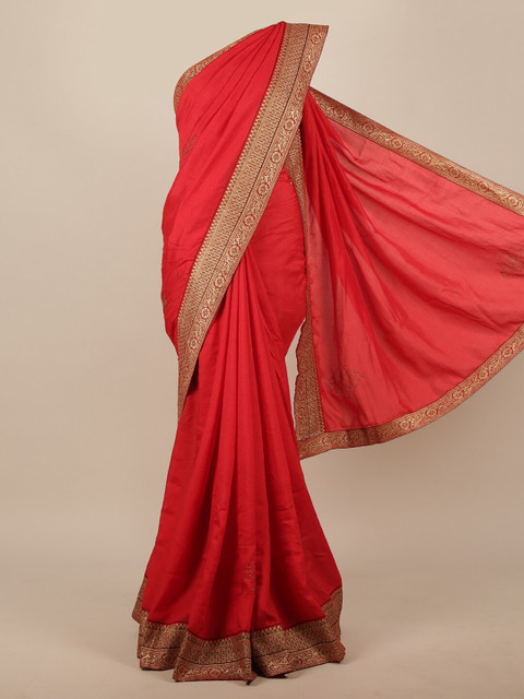 

Pothys Red & Gold-Toned Embellished Beads and Stones Jute Silk Saree