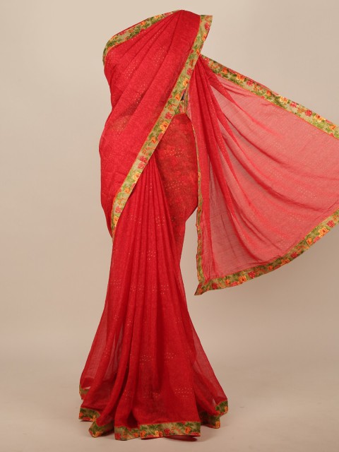 

Pothys Red & Mustard Yellow Floral Foil Printed Saree