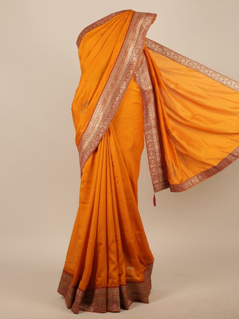 

Pothys Orange & Gold-Toned Embellished Zari Jute Silk Saree