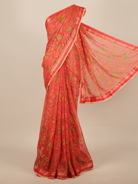 

Pothys Peach-Coloured Floral Printed Zari Border Saree
