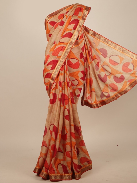 

Pothys Cream-Coloured & Rust Printed Zari Border Saree