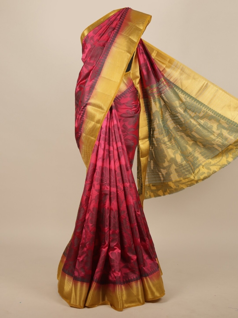 

Pothys Pink & Green Floral Printed Jute Silk Saree