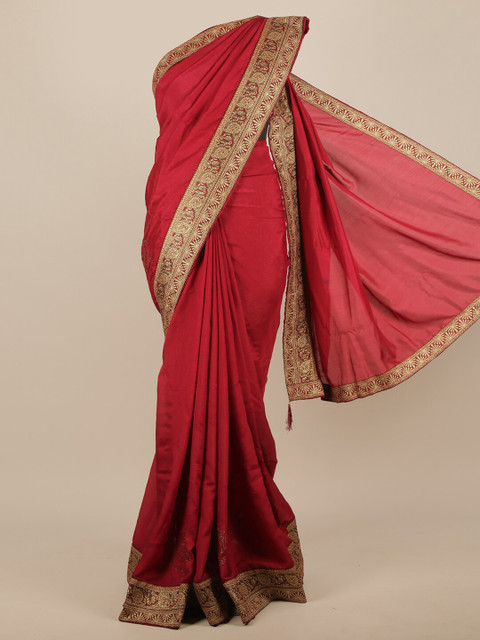

Pothys Maroon & Gold Ethnic Motifs Jute Silk Saree