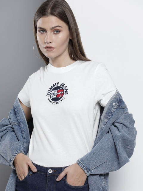 

Tommy Hilfiger Women White Brand Logo Embroidered Pure Cotton T-shirt