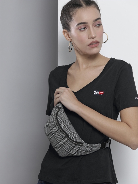 

Tommy Hilfiger Women Black V-Neck Applique Slim Fit Organic Cotton T-shirt