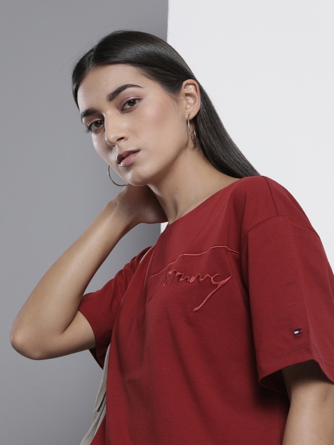 

Tommy Hilfiger Women Maroon Drop-Shoulder Sleeves Organic Cotton Sustainable T-shirt