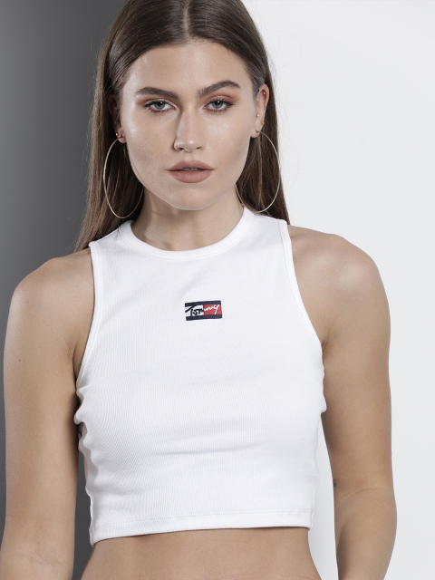 

Tommy Hilfiger Women White Ribbed Embroidered Detail Cropped T-shirt