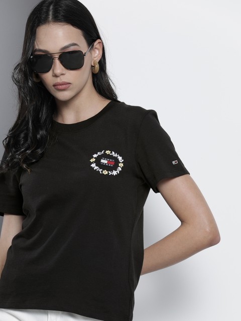 

Tommy Hilfiger Women Black White Brand Logo Printed Pure Cotton T-shirt