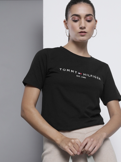 

Tommy Hilfiger Women Black Brand Logo Embroidered Organic Cotton Slim Fit T-shirt