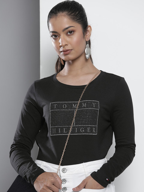 

Tommy Hilfiger Women Black Logo Printed Pure Cotton Casual T-shirt