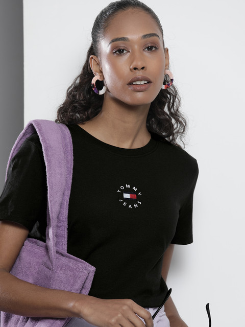 

Tommy Hilfiger Women Black Logo Printed Slim Fit Pure Cotton Casual T-shirt