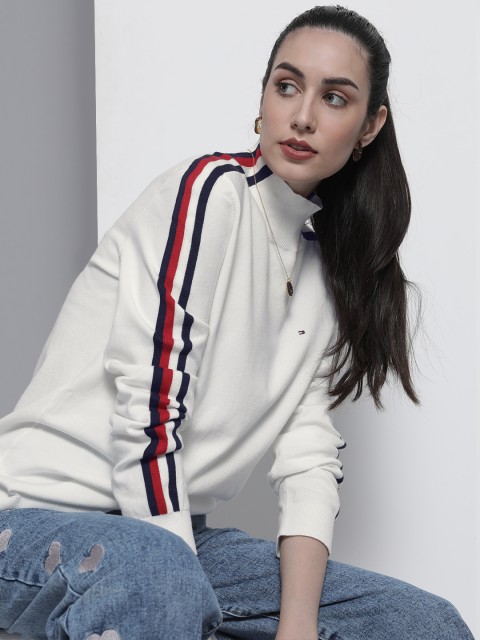 

Tommy Hilfiger Women White Solid Side Striped Pullover Sweater