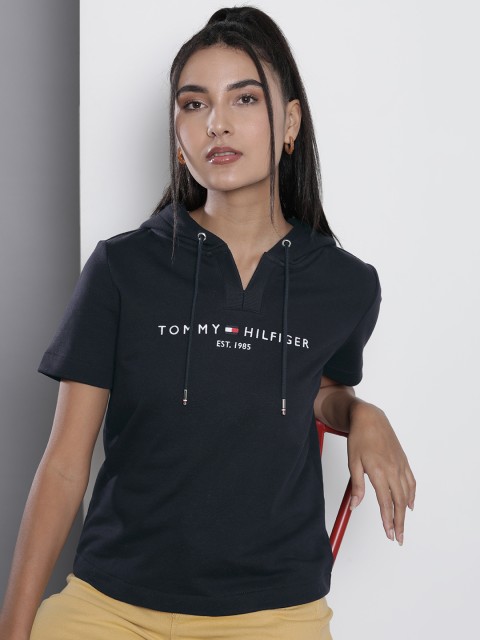 

Tommy Hilfiger Women Navy Blue Short Sleeve Hooded Sweatshirt
