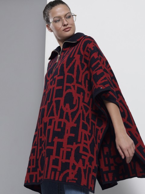 

Tommy Hilfiger Women Navy Blue & Red Typography Cape Pullover