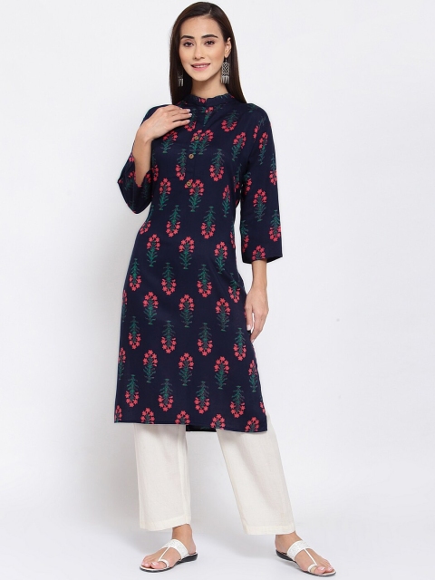 

FERANOID Women Blue & Pink Printed Straight Kurta
