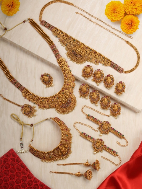 

Priyaasi Gold-Plated Pink & Green Ruby & Emerald-Studded Bridal Jewellery Set