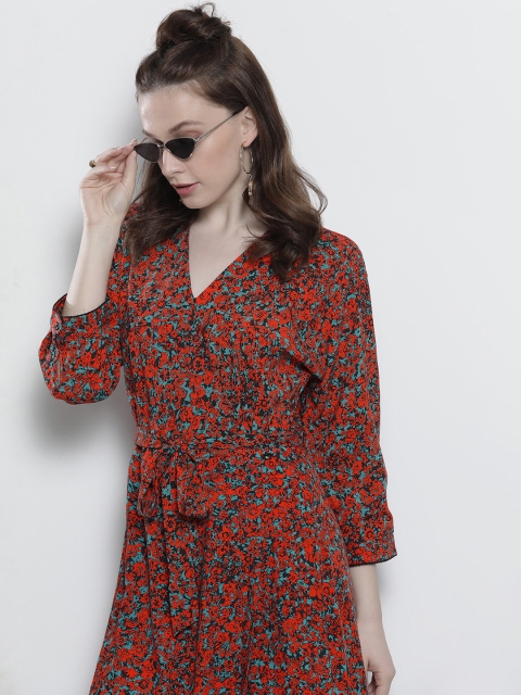 

Tommy Hilfiger Women Orange & Grey Printed A-Line Midi Dress