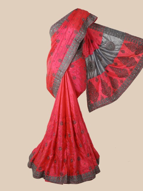 

Pothys Pink & Grey Floral Embroidered Art Silk Saree