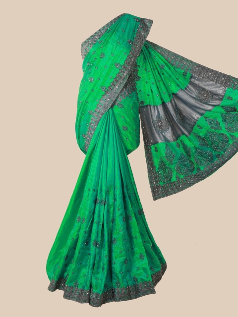 

Pothys Green & Grey Floral Embroidered Art Silk Saree