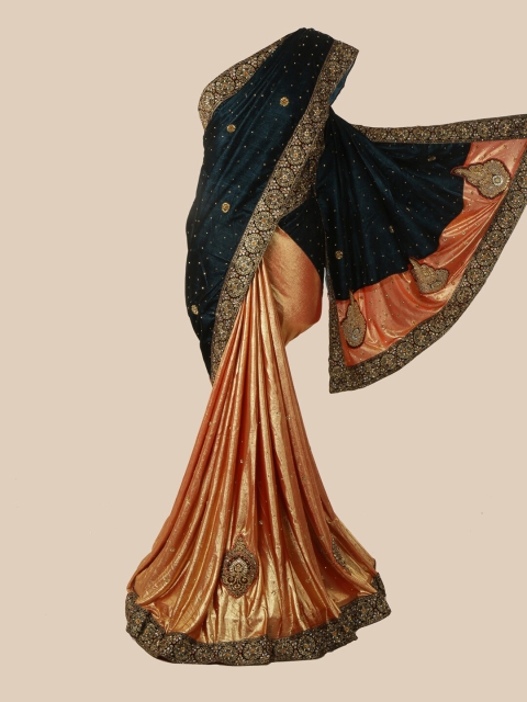 

Pothys Green & Orange Floral Beads and Stones Velvet Half and Half Saree