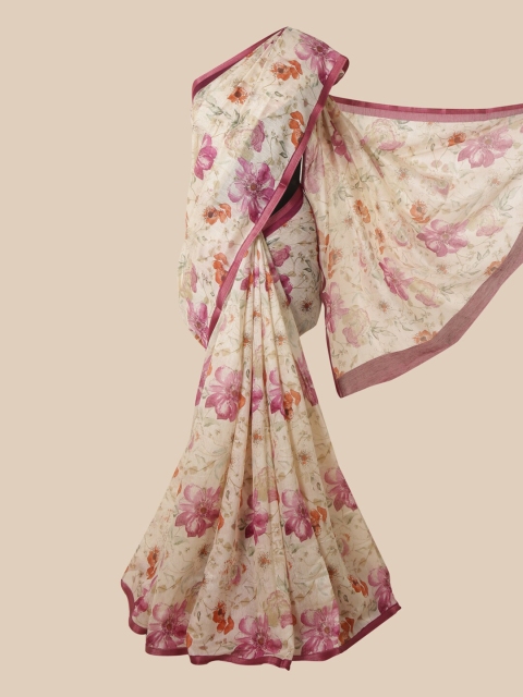 

Pothys Cream-Coloured & Pink Floral Pure Cotton Saree