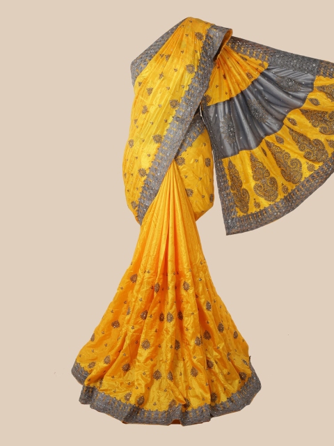 

Pothys Yellow & Grey Floral Embroidered Art Silk Saree