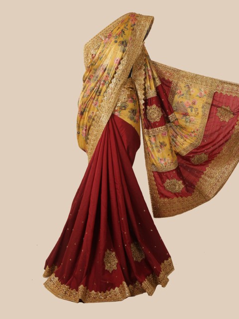 

Pothys Yellow & Maroon Floral Beads and Stones Art Silk Saree