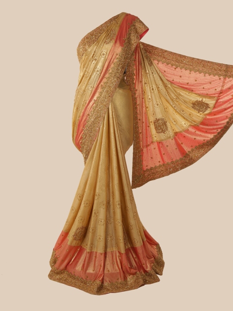 

Pothys Gold-Toned & Orange Floral Beads and Stones Saree