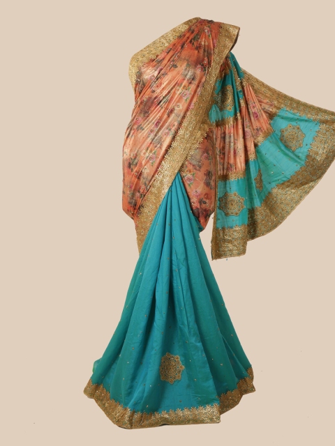 

Pothys Peach-Coloured & Blue Floral Beads and Stones Art Silk Saree