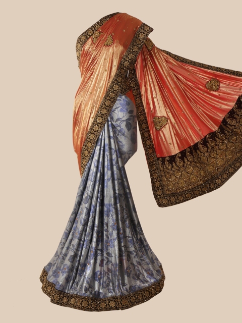 

Pothys Rust & Grey Floral Beads and Stones Saree