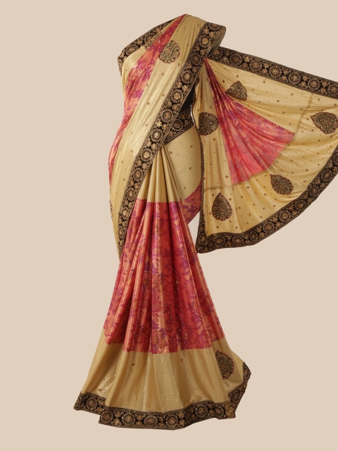 

Pothys Pink & Cream-Coloured Floral Beads and Stones Saree