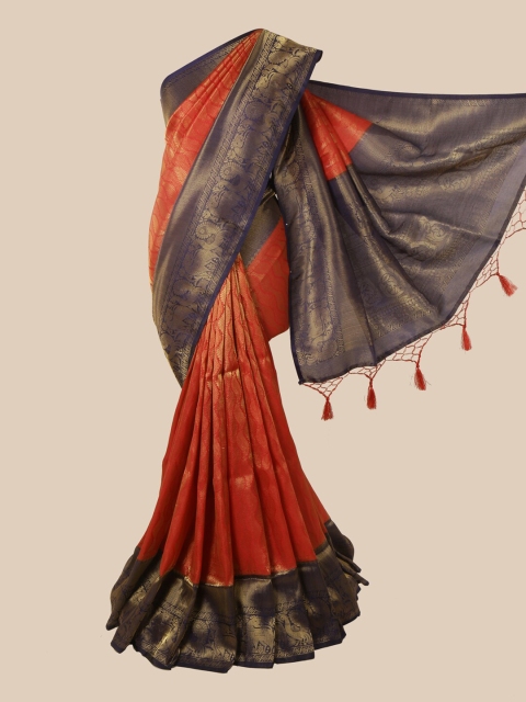 

Pothys Orange & Navy Blue Ethnic Motifs Zari Jute Silk Saree