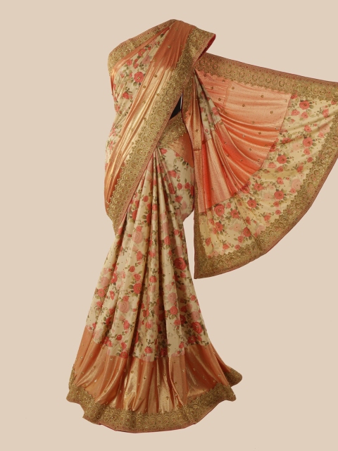 

Pothys Cream-Coloured & Gold-Toned Floral Beads and Stones Saree
