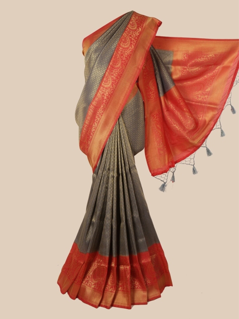 

Pothys Grey & Orange Ethnic Motifs Zari Jute Silk Saree