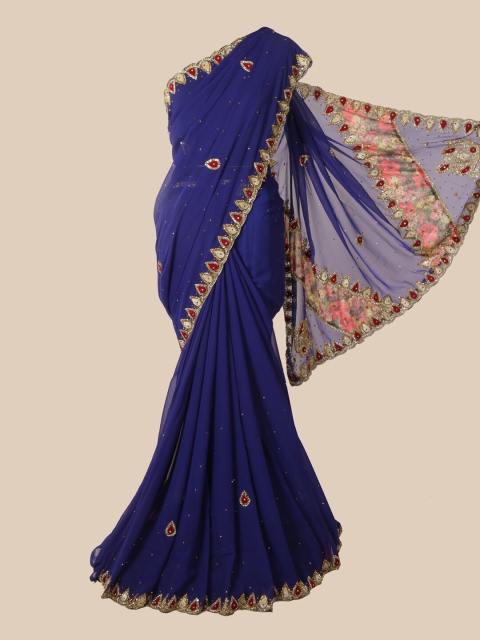 

Pothys Blue & Gold-Toned Paisley Sequinned Saree