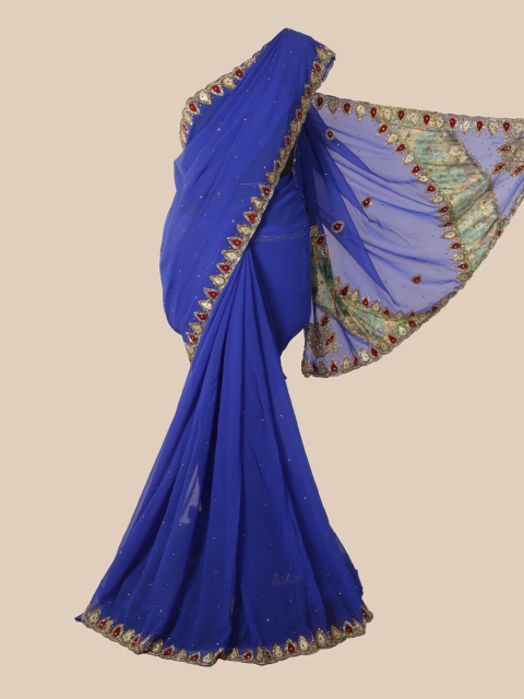 

Pothys Blue & Gold-Toned Ethnic Motifs Beads and Stones Saree