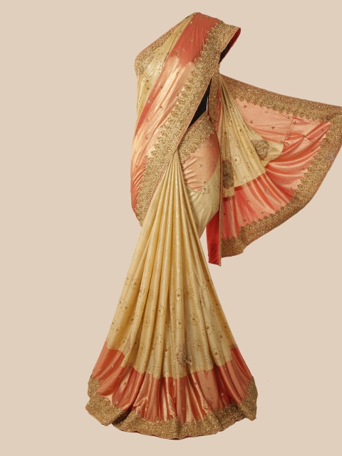 

Pothys Cream-Coloured & Orange Floral Beads and Stones Art Silk Saree