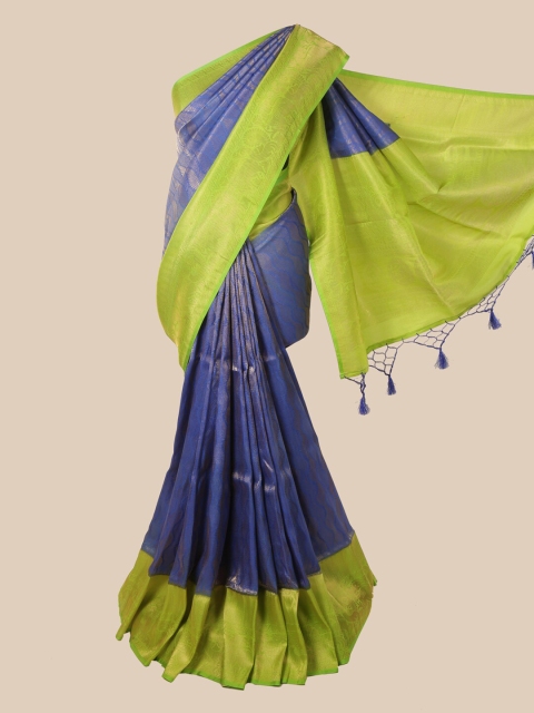 

Pothys Blue & Lime Green Floral Zari Jute Silk Saree