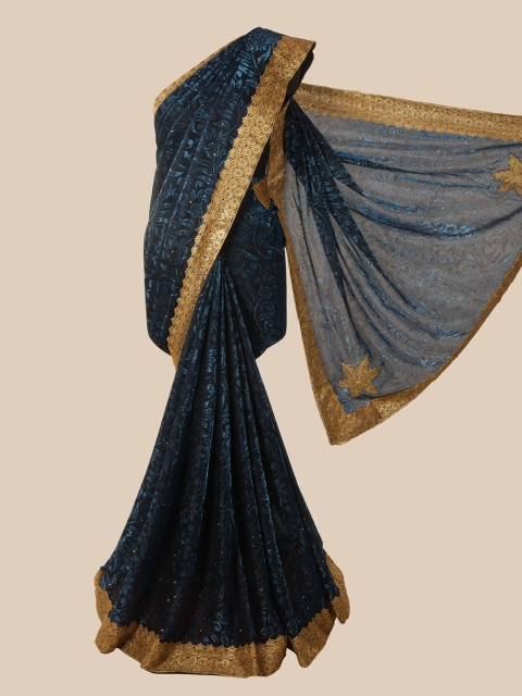 

Pothys Blue & Gold-Toned Floral Beads and Stones Saree
