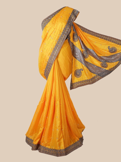 

Pothys Yellow Floral Beads and Stones Art Silk Saree