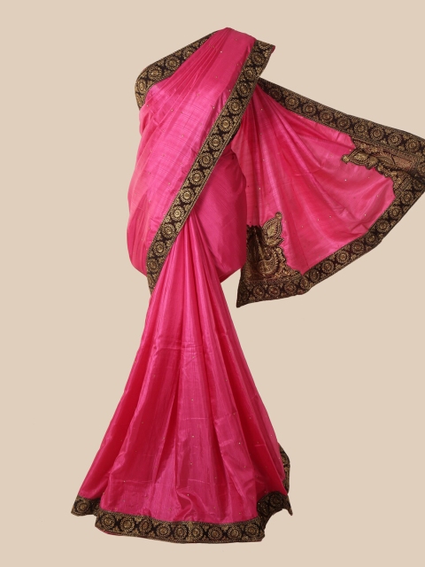 

Pothys Pink & Gold-Toned Embellished Beads and Stones Art Silk Saree