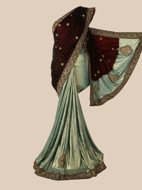 

Pothys Maroon & Green Floral Beads and Stones Velvet Saree