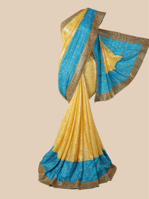 

Pothys Yellow & Blue Floral Beads and Stones Art Silk Saree